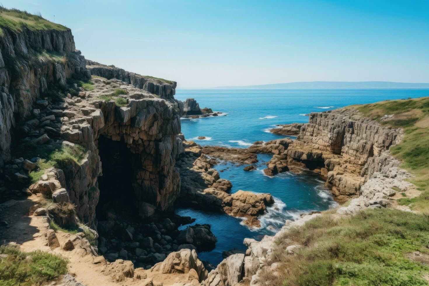 Aerial view of the cliffs on the coast of Brittany, France, View from Cape Kaliakra to an offshore wind farm in Bulgaria, AI Generated photo