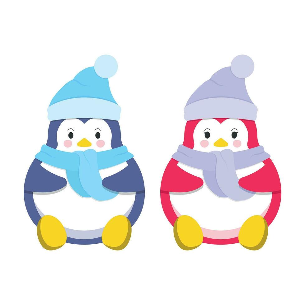 Cute cartoon penguin in a hat and scarf on a white background vector