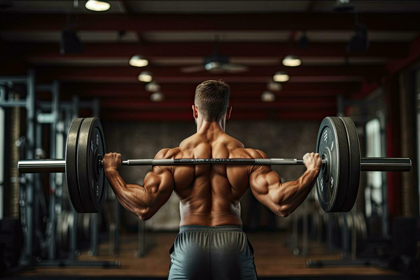 Handsome young muscular Caucasian man working out in a gym gaining weight pumping up muscles and poses fitness and bodybuilding concept, Weightlifter man practicing with barbells, AI Generated photo