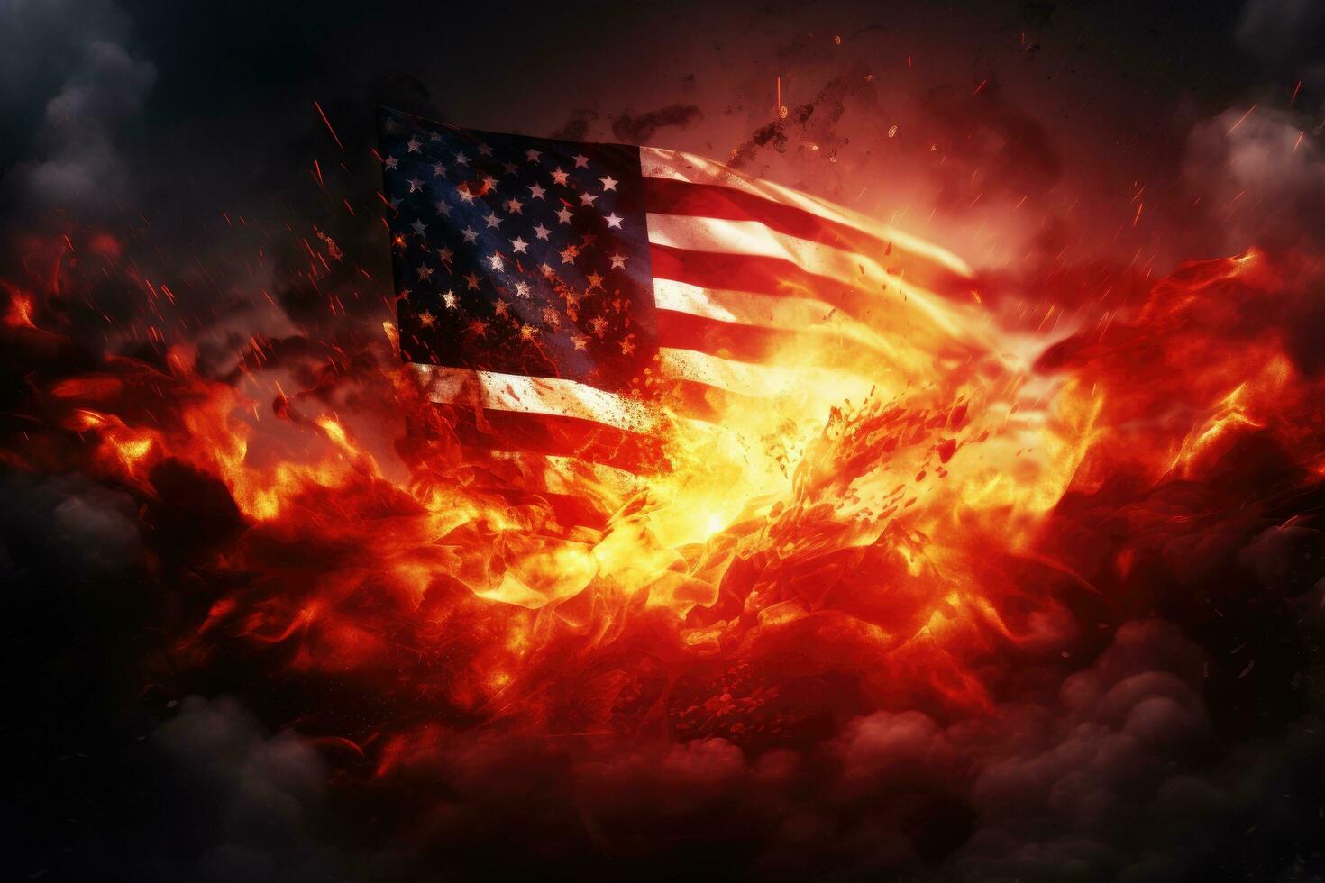 United states of America burning in flames on black background. 3D illustration, USA vs China Flag on fire, AI Generated photo