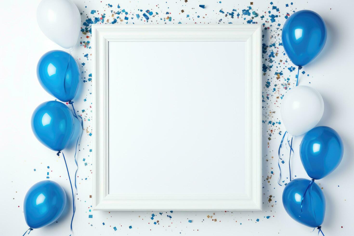 White frame with blue balloons and confetti on white background. Flat lay, top view, copy space, White frame on white background with blue balloons and confetti, AI Generated photo