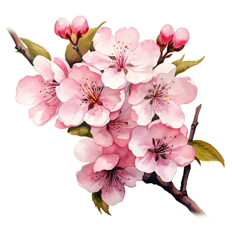 Branch of blossoming sakura with pink flowers. Watercolor illustration, Watercolor cherry blossom. Vector illustration isolated on white background, AI Generated photo