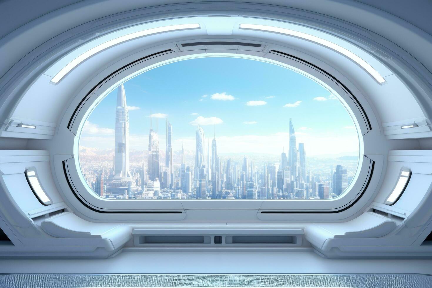 Spaceship interior with window view on city. 3D rendering, White spaceship interior with window view on the city. 3d rendering, AI Generated photo