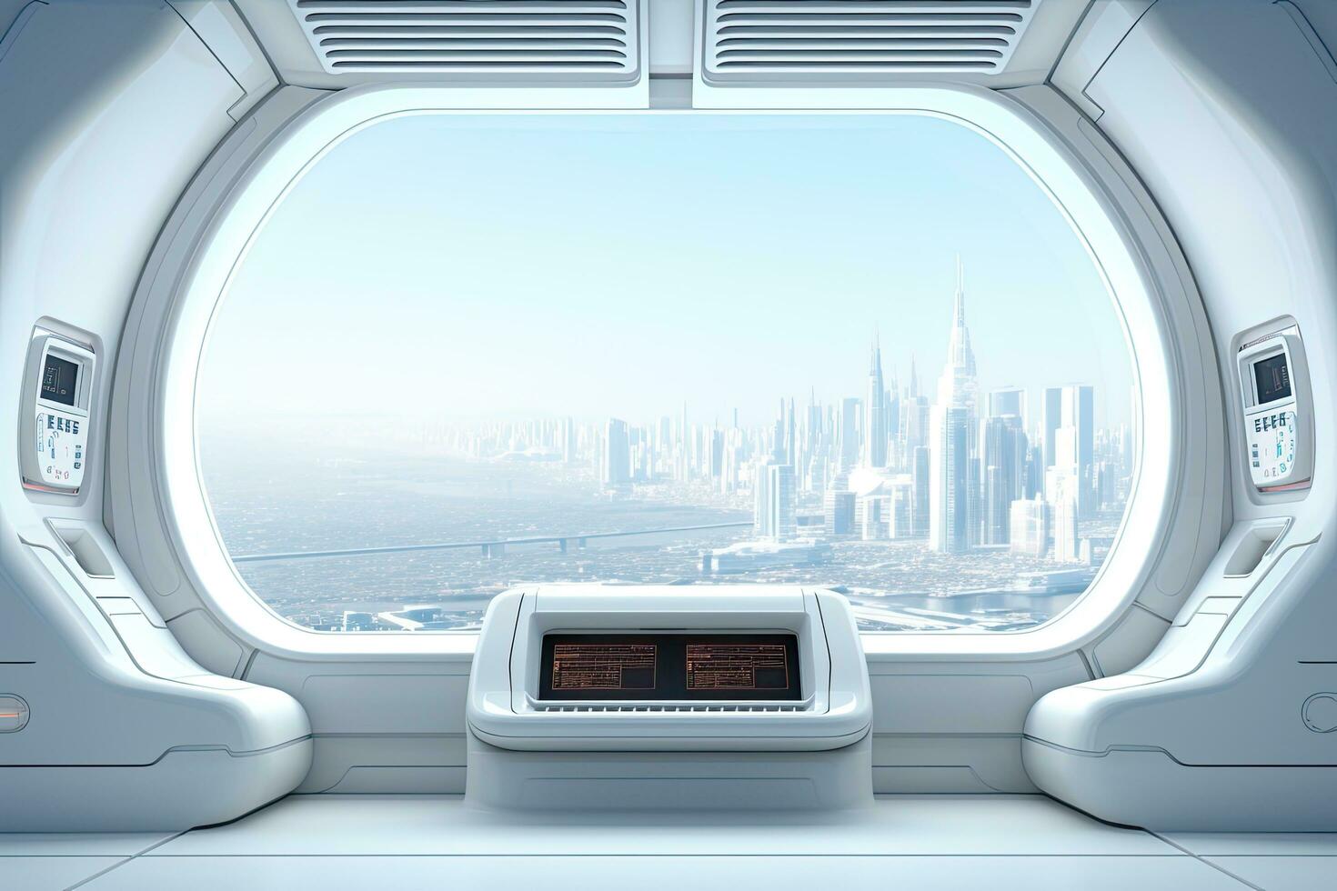 Futuristic spaceship interior with window view on city. 3D rendering, White spaceship interior with window view on the city. 3d rendering, AI Generated photo