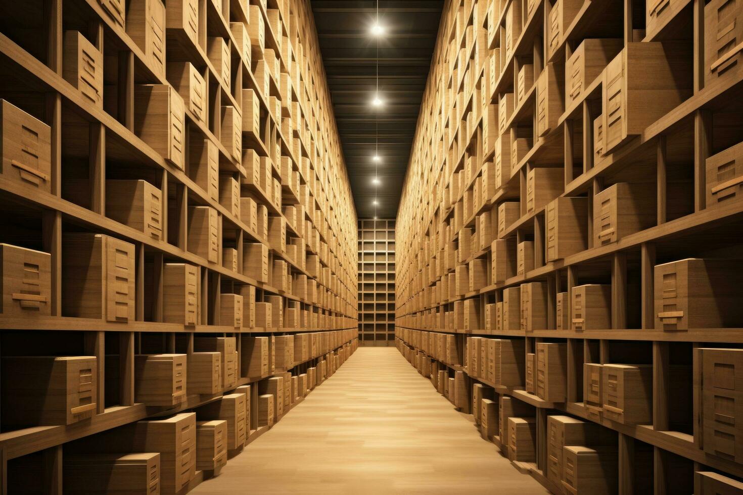 3D rendering of a warehouse with rows of wooden boxes in a row, Warehouse or warehouse with rows of shelves and rows of wooden boxes, AI Generated photo