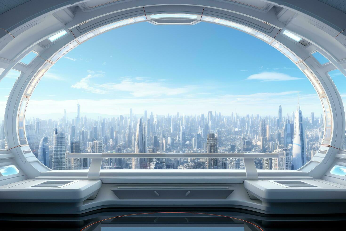Spaceship interior with city view and blue sky 3D rendering, White spaceship interior with window view on the city. 3d rendering, AI Generated photo