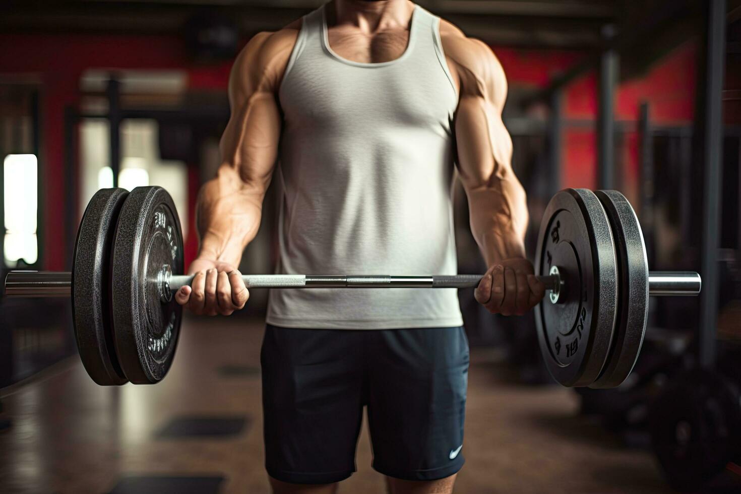 Close-up of a man lifting a barbell in a gym, Weightlifter man practicing with barbells at the gym, top section cropped, no face revealed, front view, no deformation, AI Generated photo