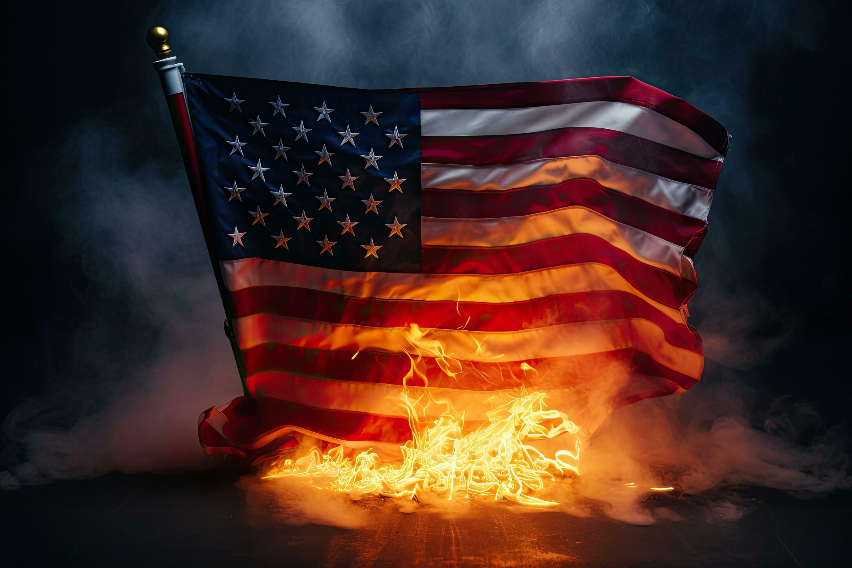 United States of America flag burning in the dark with smoke and flames, USA vs China Flag on