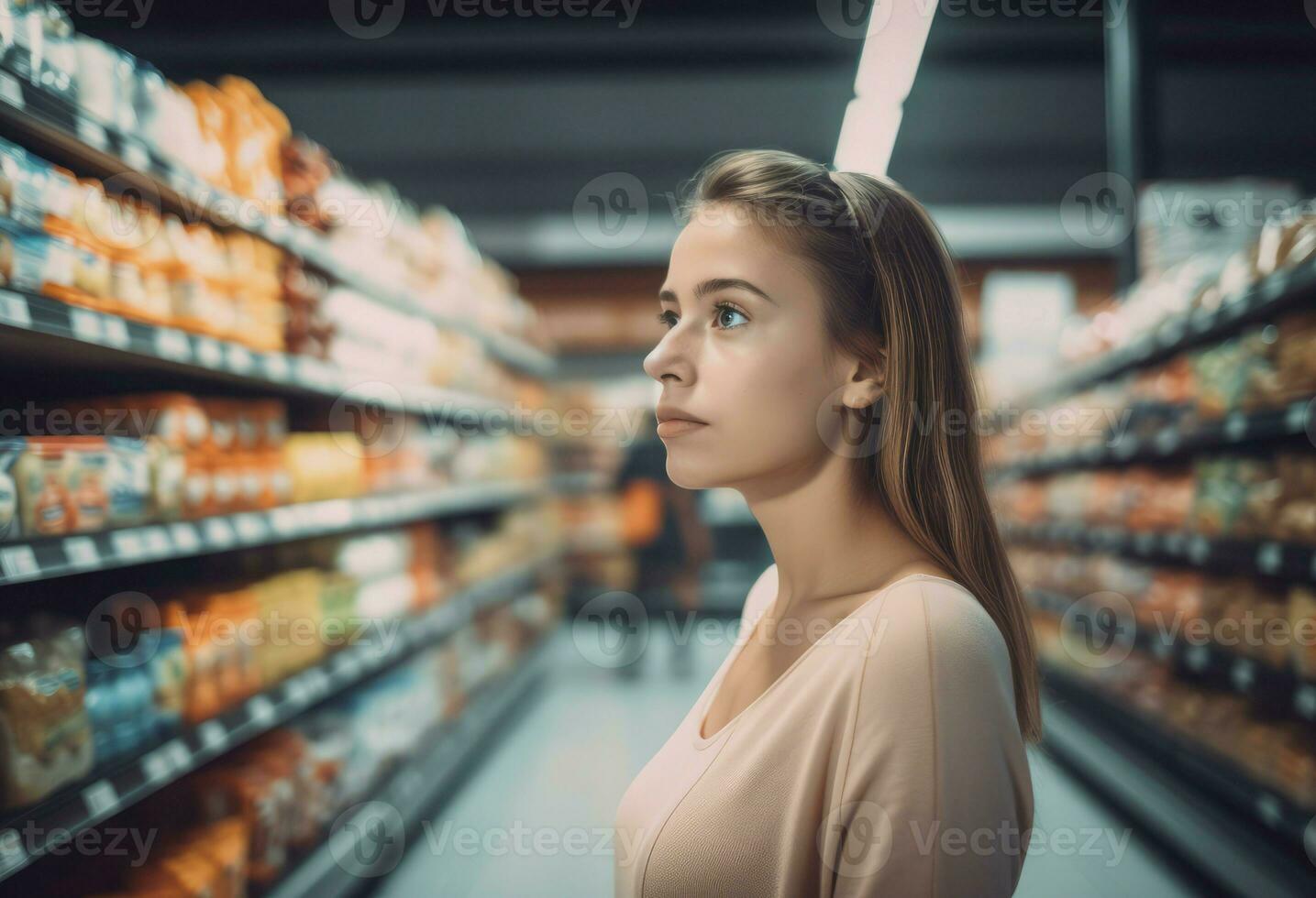 Young woman shopping supermarket retail. Generate Ai photo