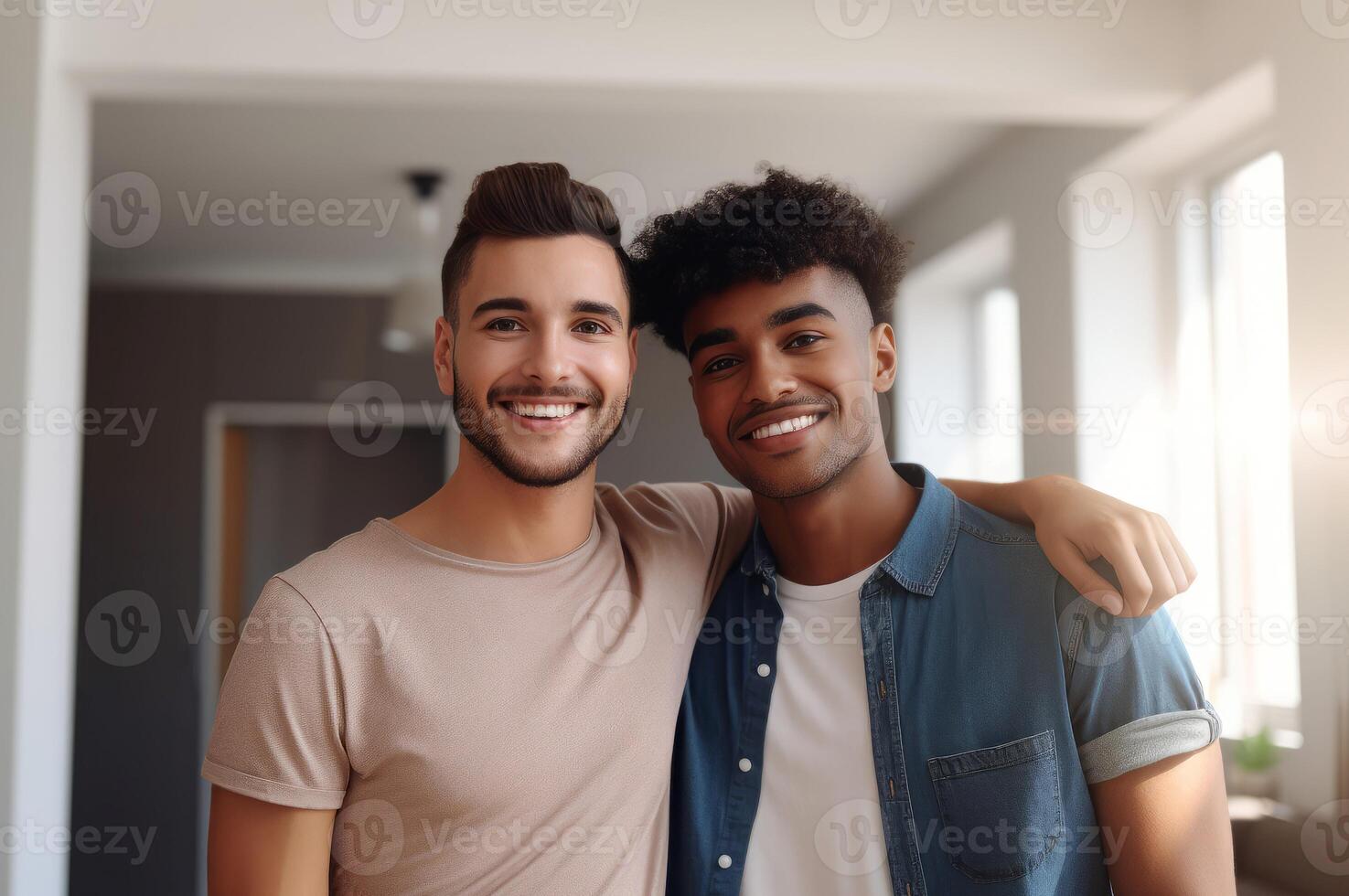 Happy gay couple at home. Generate ai photo