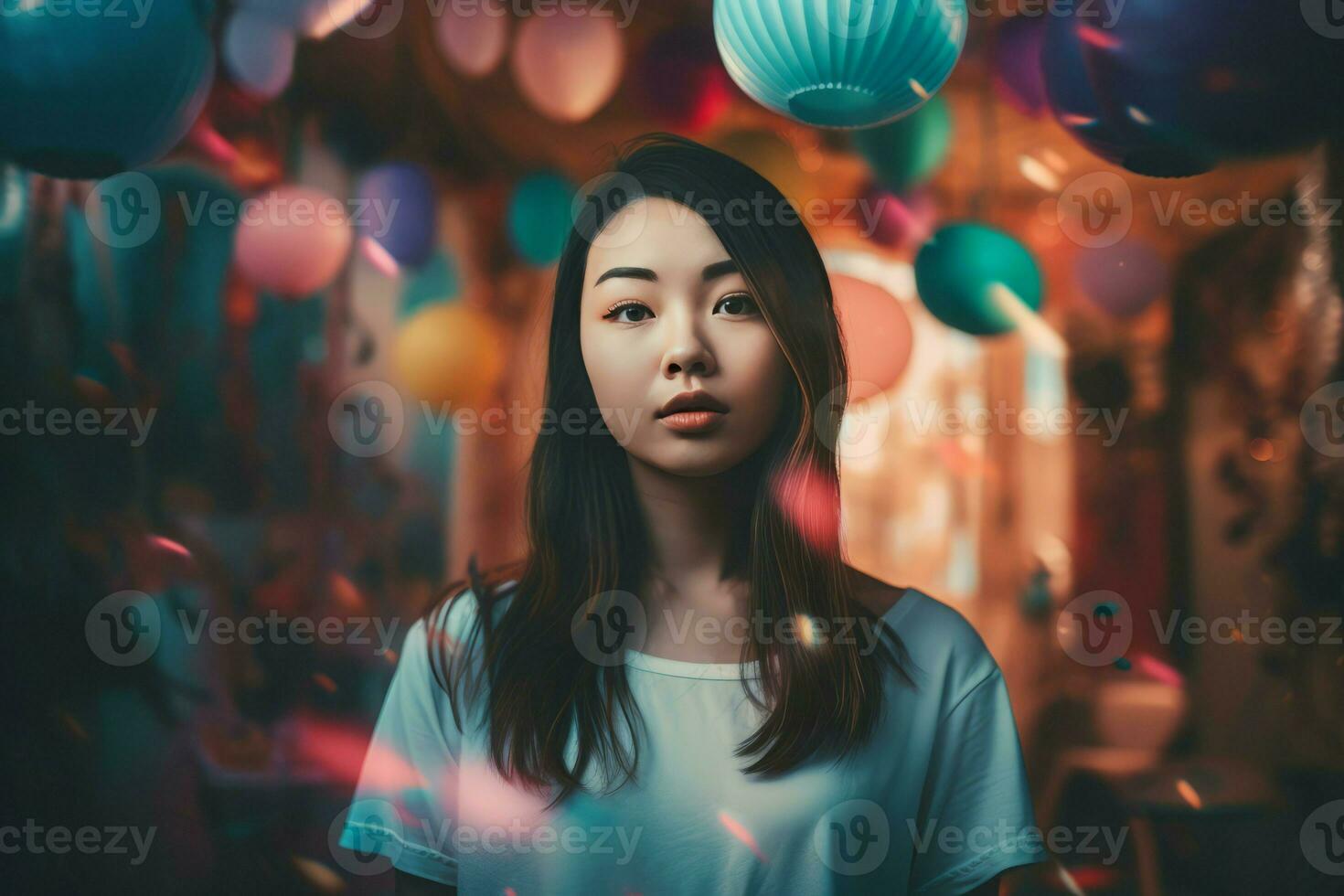 Young woman on dreamlike background. Generate ai photo