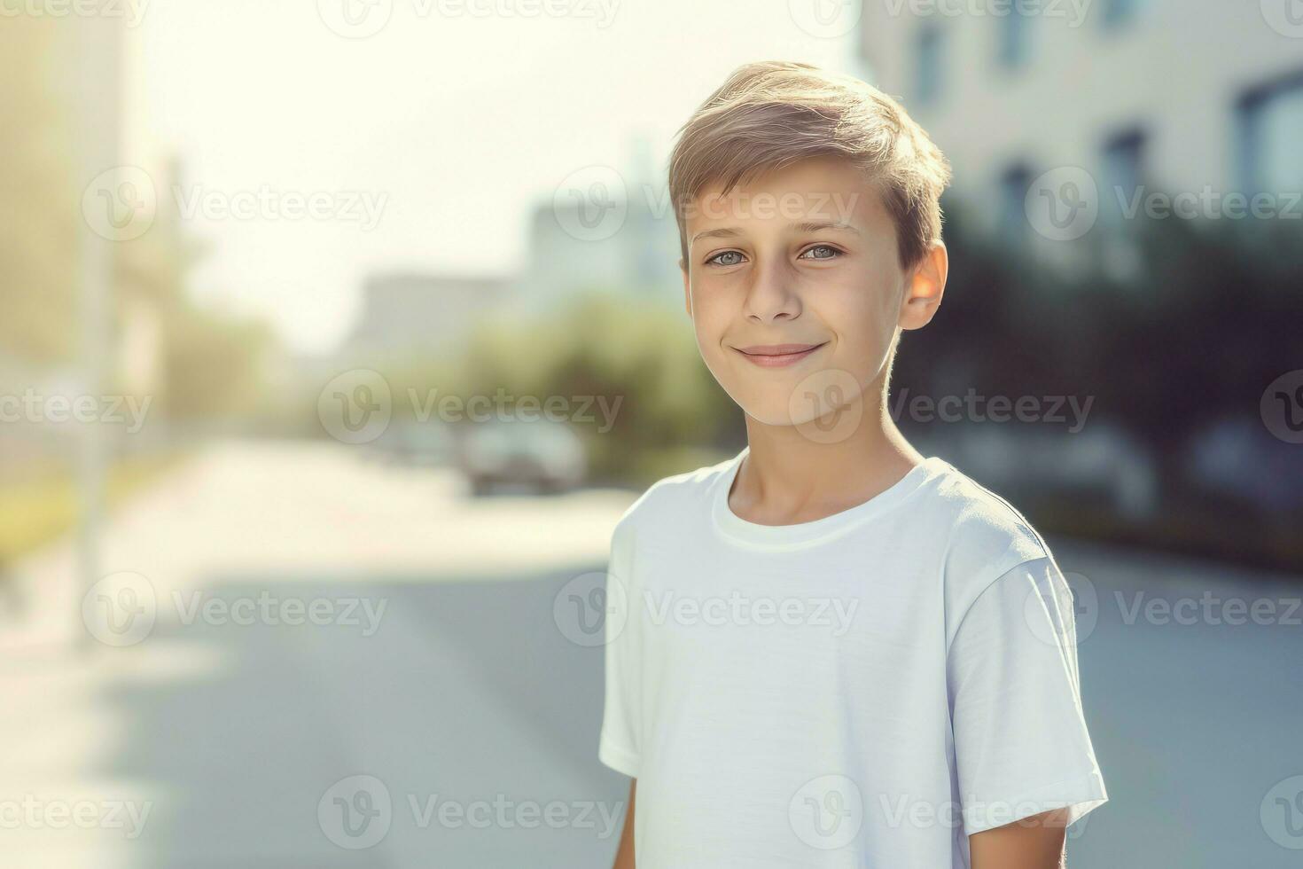 Smiling boy in white t-shirt. Generate ai photo