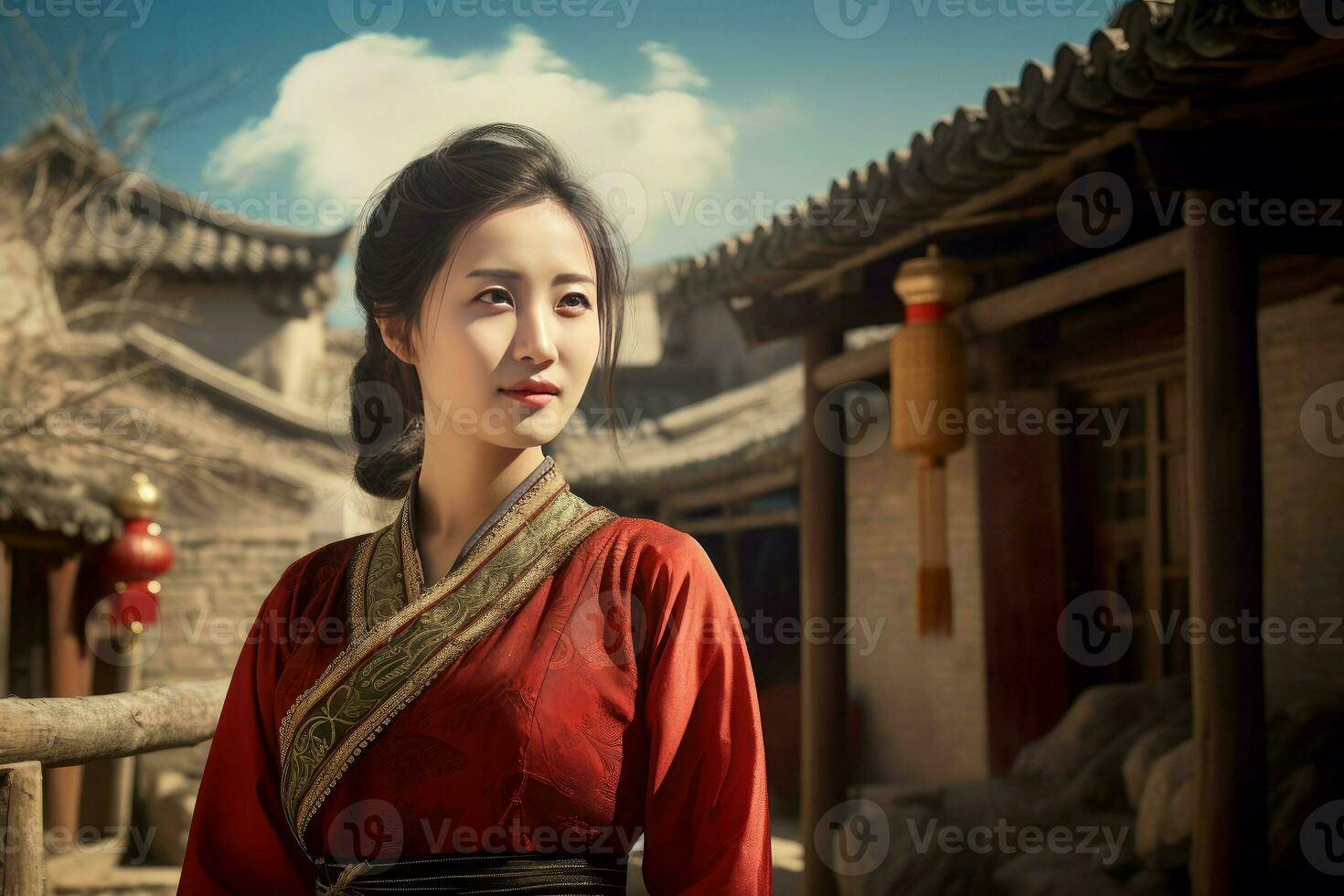 Chinese village woman red kimono. Generate Ai photo