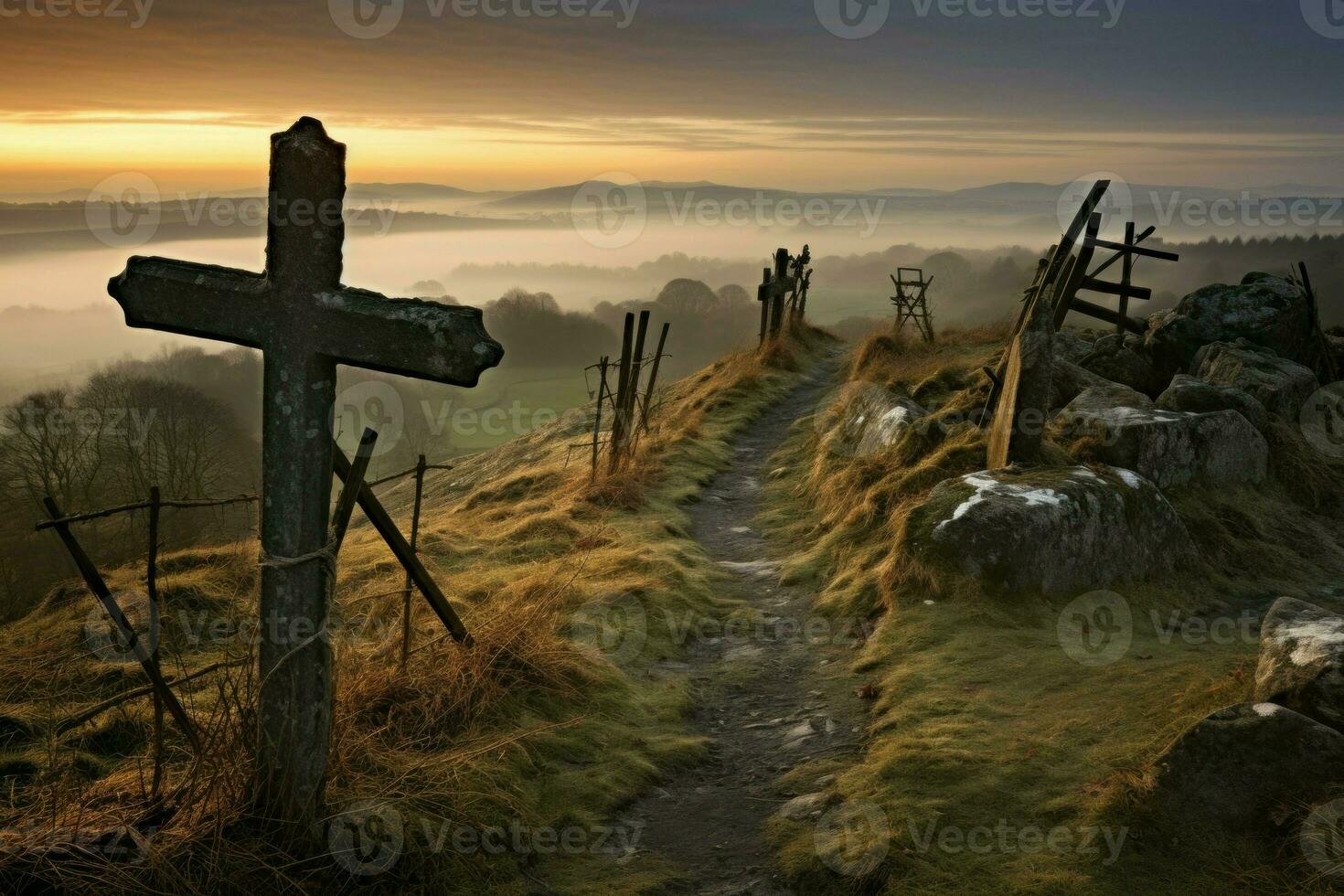 Tranquil Hill crosses morning. Generate Ai photo