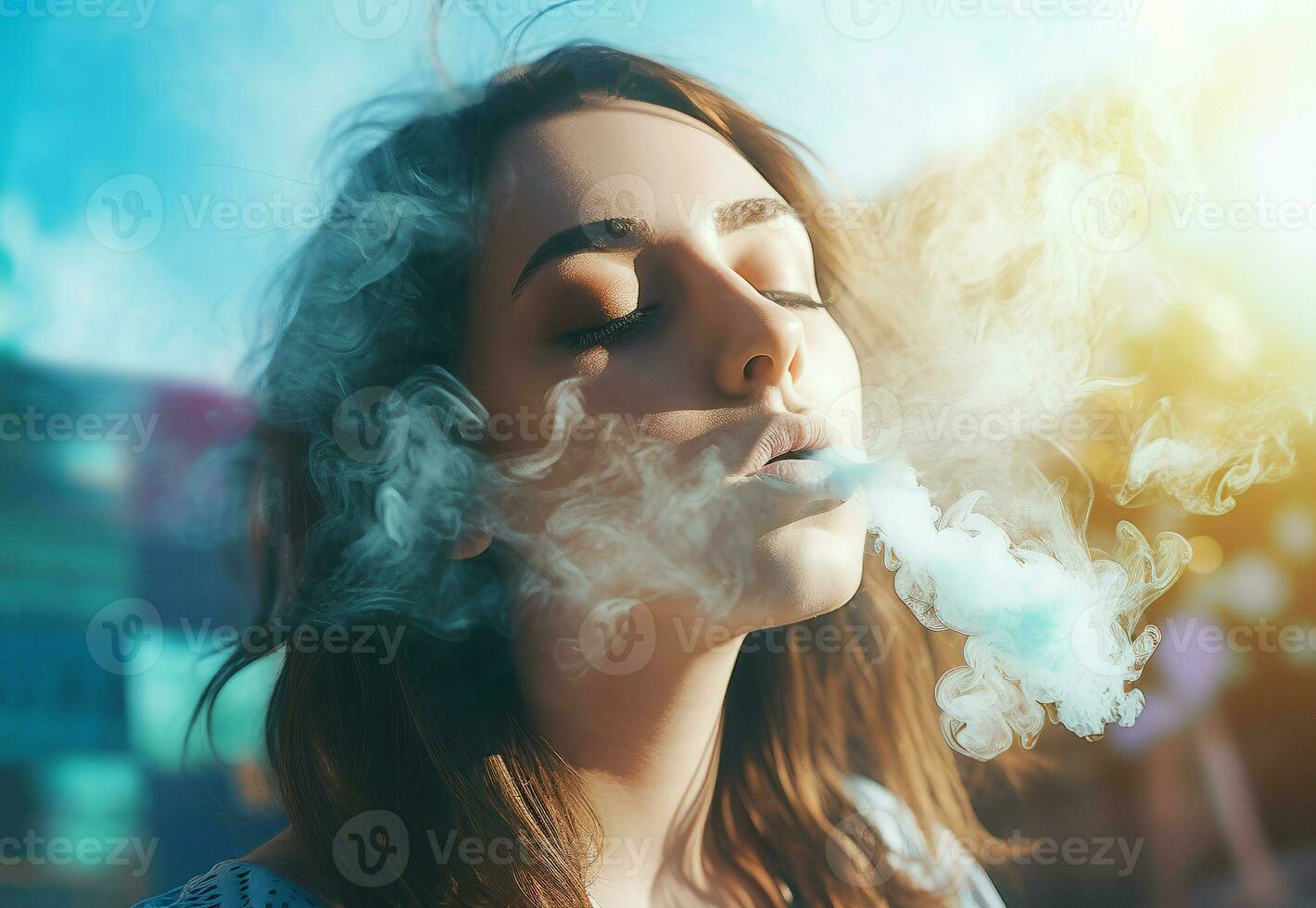 Girl inhales smoke. Generate ai photo