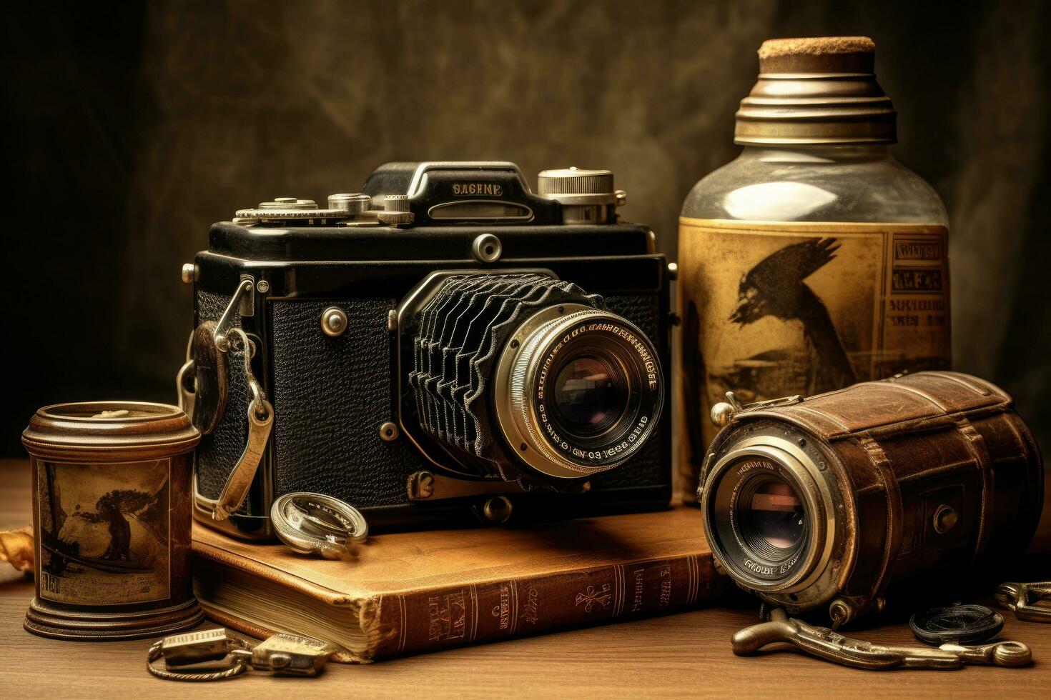 Old camera and books on a wooden table. Photo in old color image style, Vintage Camera And Old Photographs, AI Generated