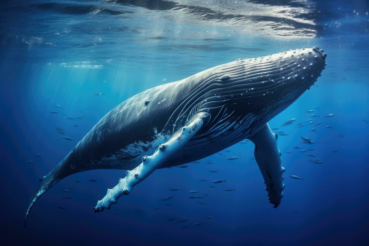 Humpback whale in deep blue ocean. Underwater scene, Whale swimming in the deep blue sea. Humpback whale in the ocean, AI Generated photo