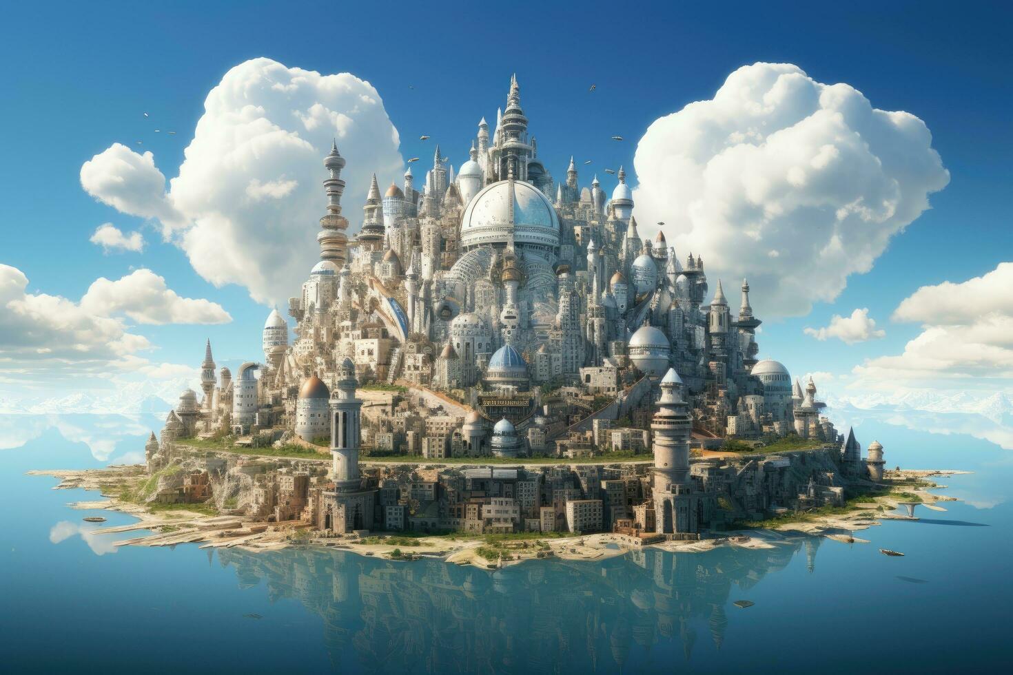 Fantasy landscape with a fantasy temple on the water. 3d rendering, world domination, AI Generated photo