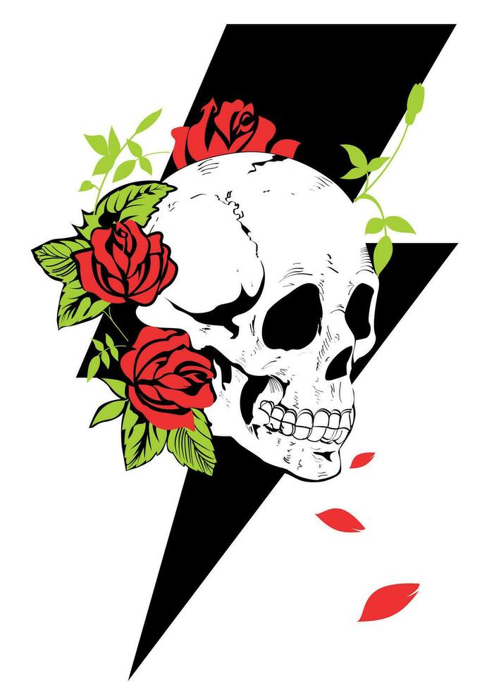 camiseta diseño de un cráneo con rosas y el símbolo de rayo aislado en blanco vector