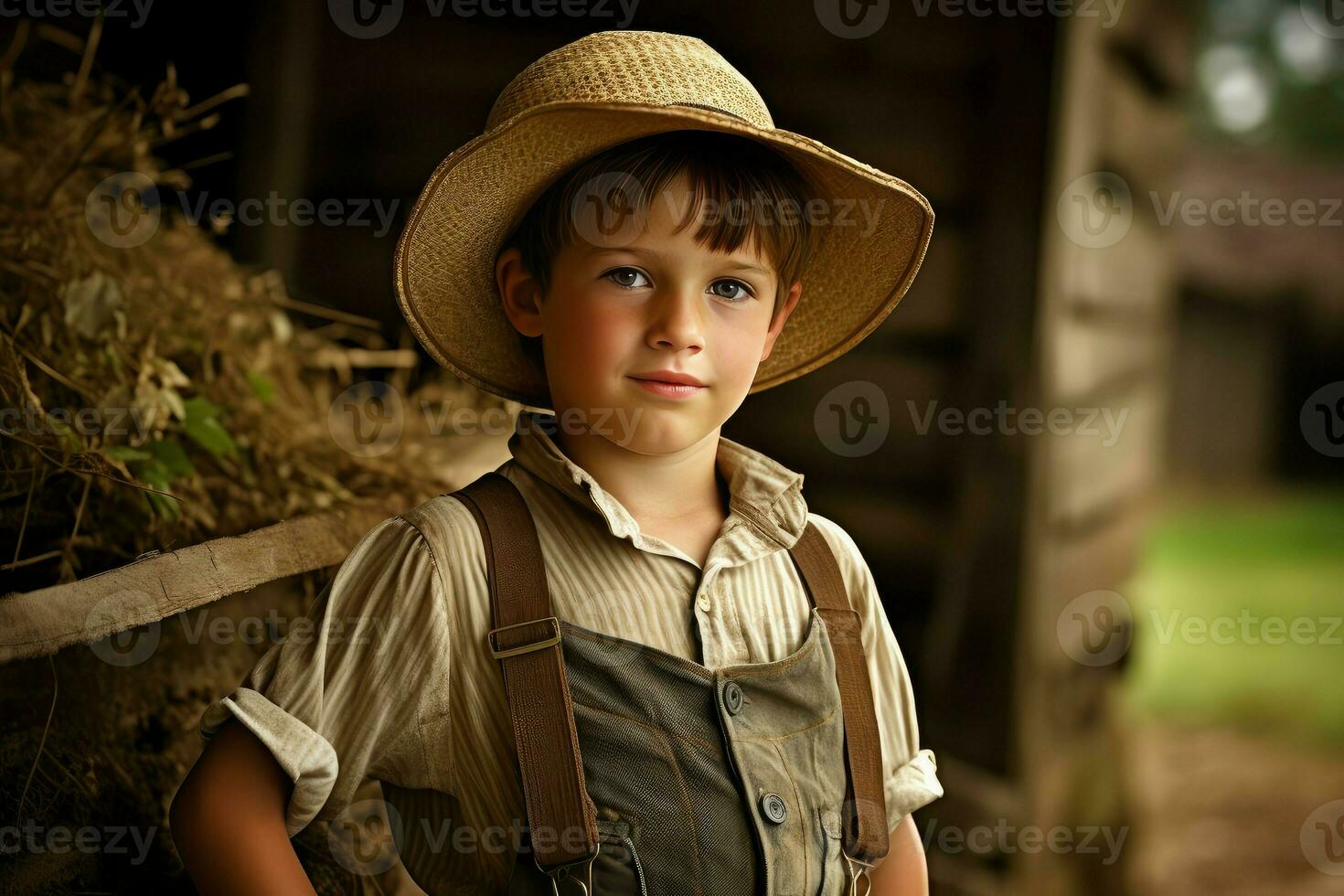 Adventurous American farmer boy at field. Generate Ai photo