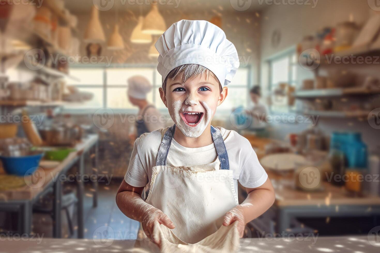 Cute boy playing with dough. Generate ai photo