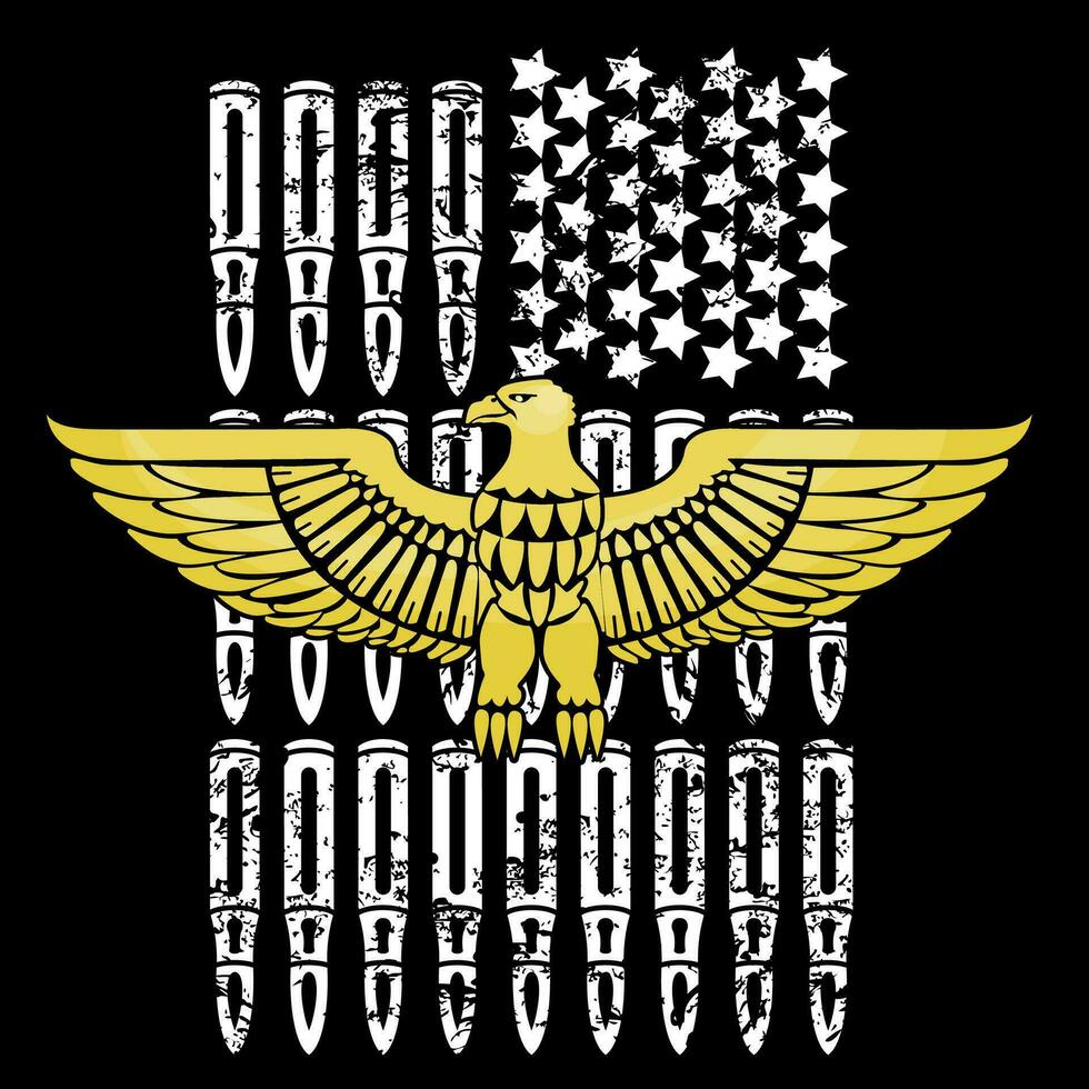 T-shirt design of a golden eagle next to the United States flag made up of bullets and stars. North American patriotic illustration. vector