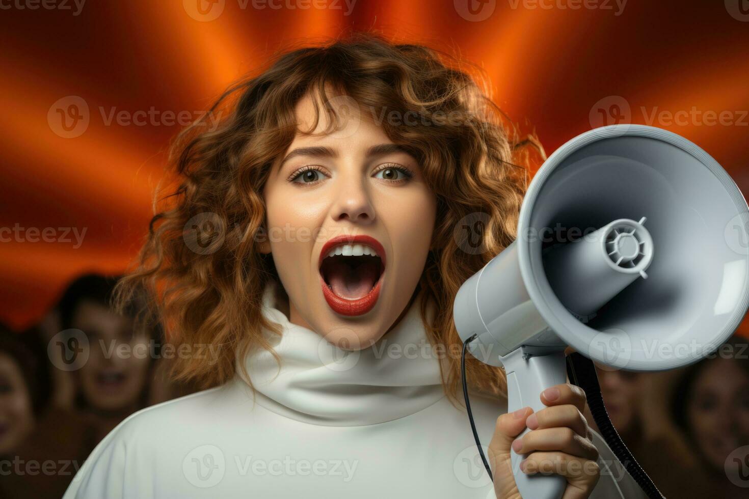 Portrait of a young woman shouting through a megaphone. AI generated photo