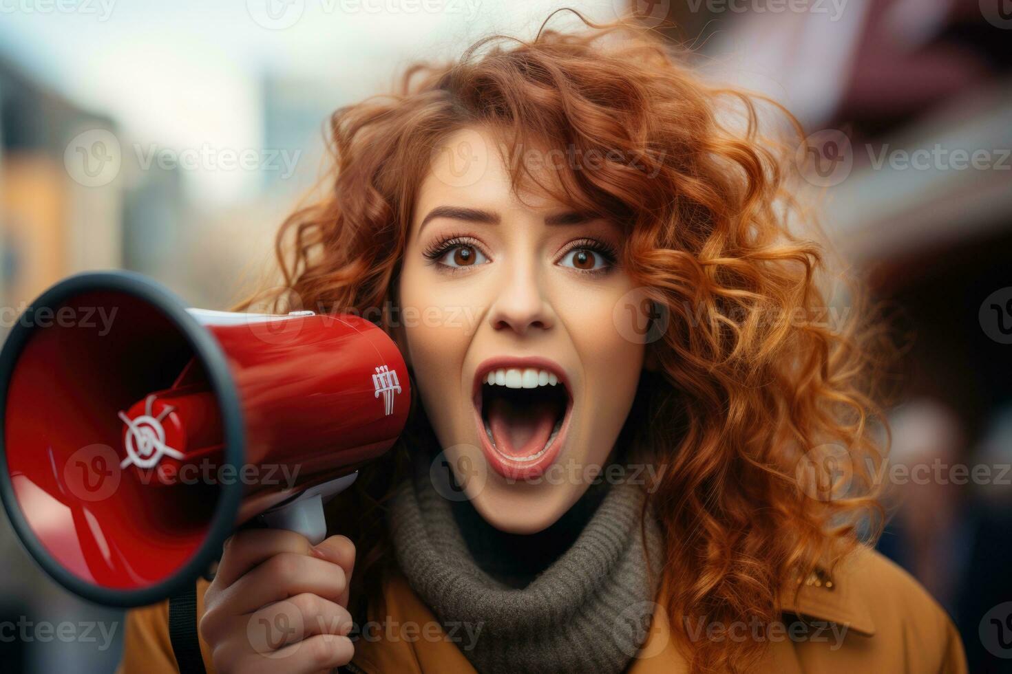 Portrait of a young woman shouting through a megaphone. AI generated photo