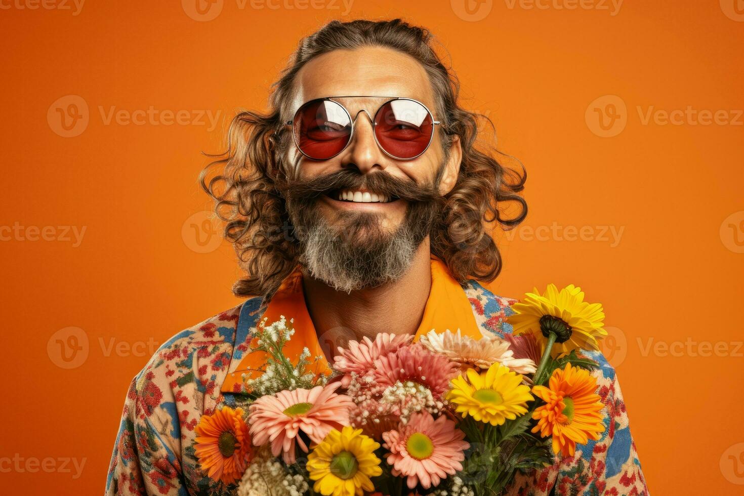 Hippie senior man with bouquet of colorful flowers. Generate AI photo