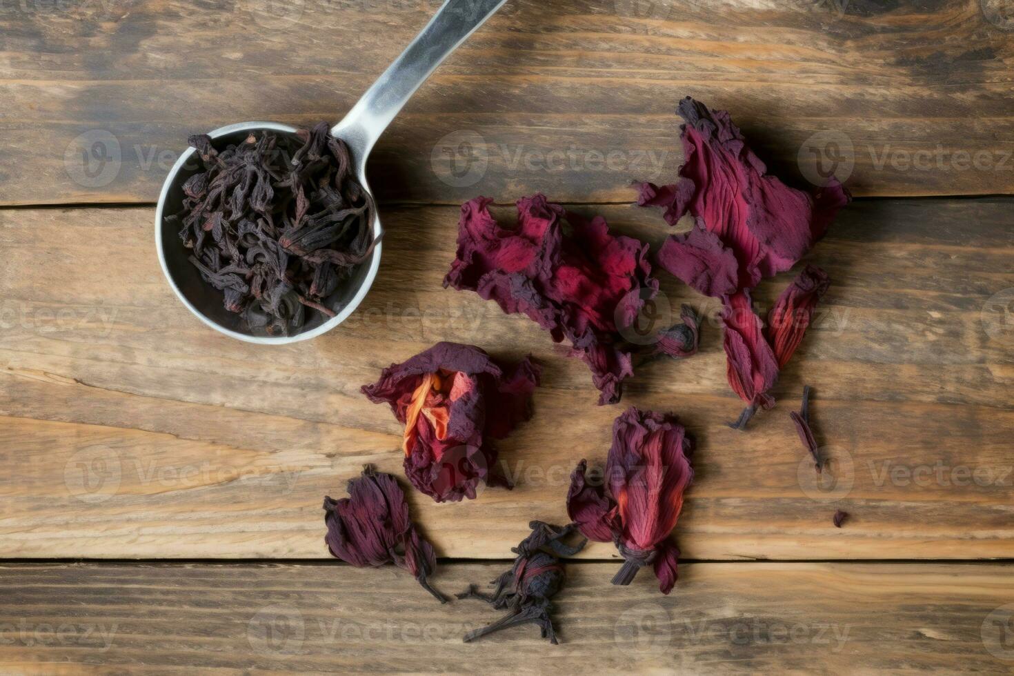 Dry hibiscus tea spoon and flower top view. Generate Ai photo