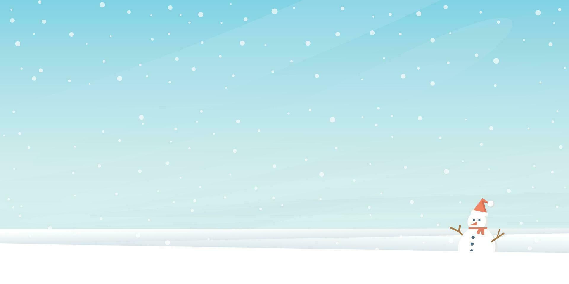 Snowscape with snowman and snowfall on blue sky background have blank space. Merry Xmas and Happy New Year greeting card vector illustration template.