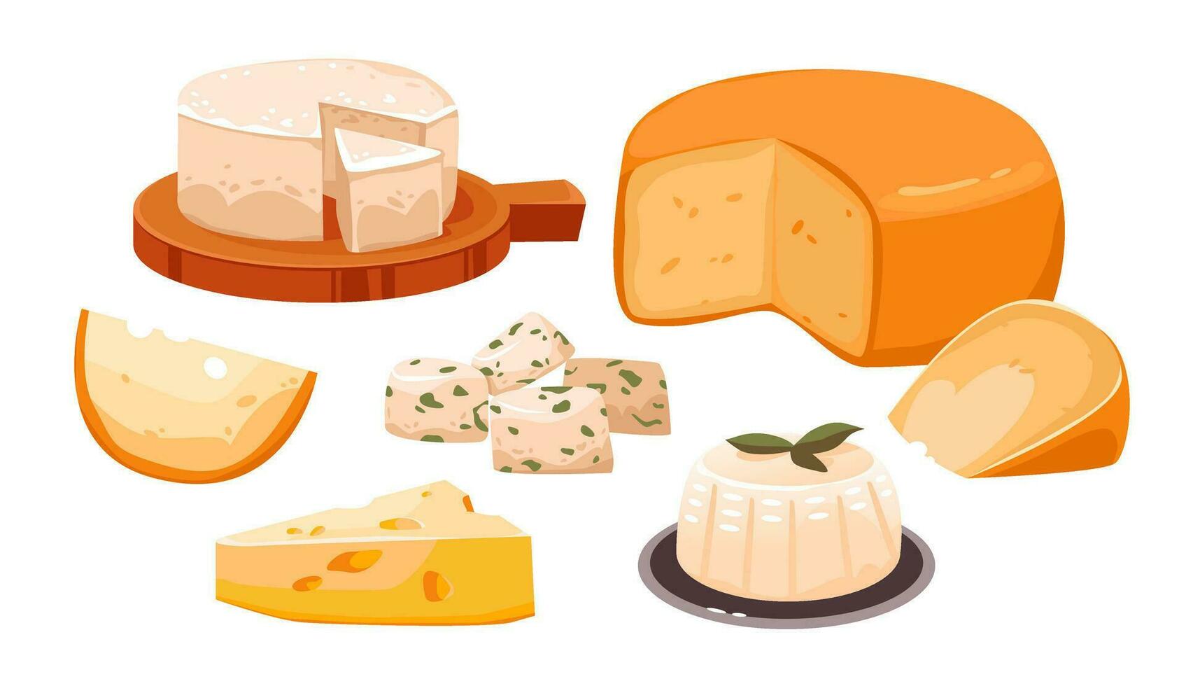 un conjunto de diferente tipos de queso. lechería productos orgánico hecho en casa alimento. dibujos animados vector ilustración