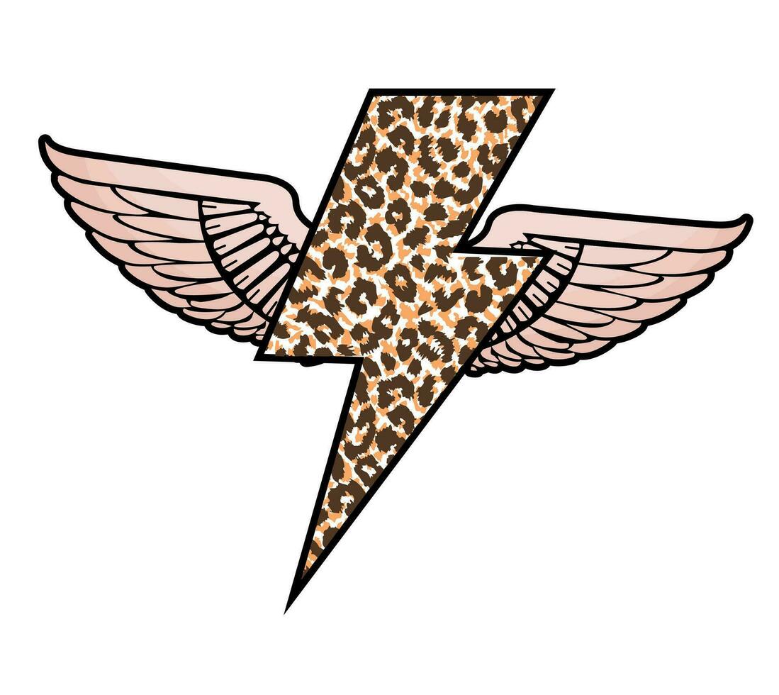 T-shirt design of a winged thunder symbol in animal print. vector