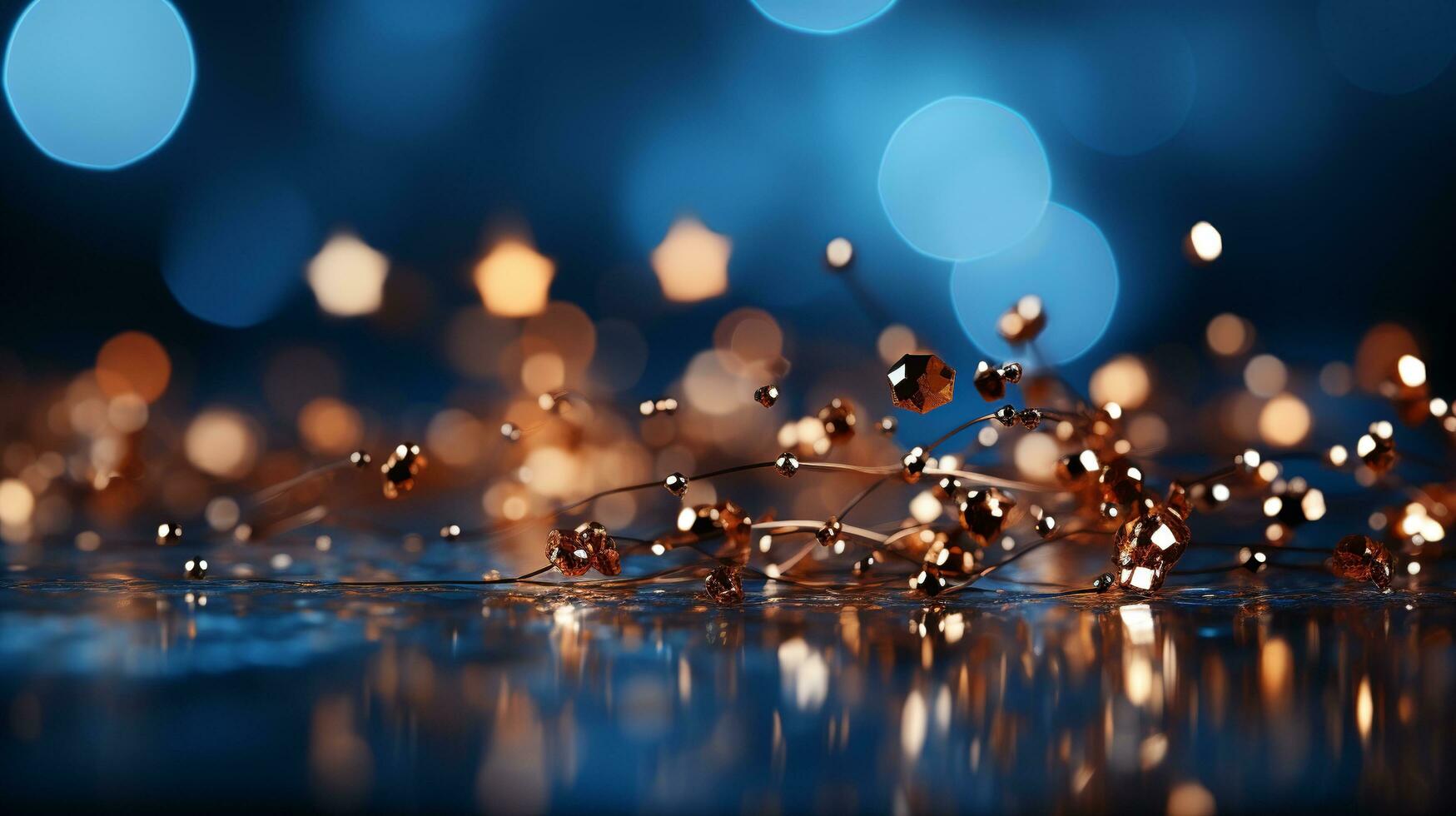 Christmas garland bokeh lights over Golden blue background AI Generated photo