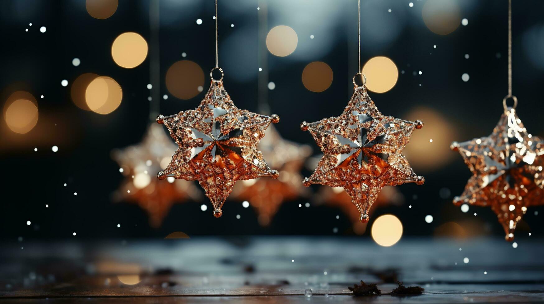 Christmas garland bokeh lights over Golden blue background AI Generated photo