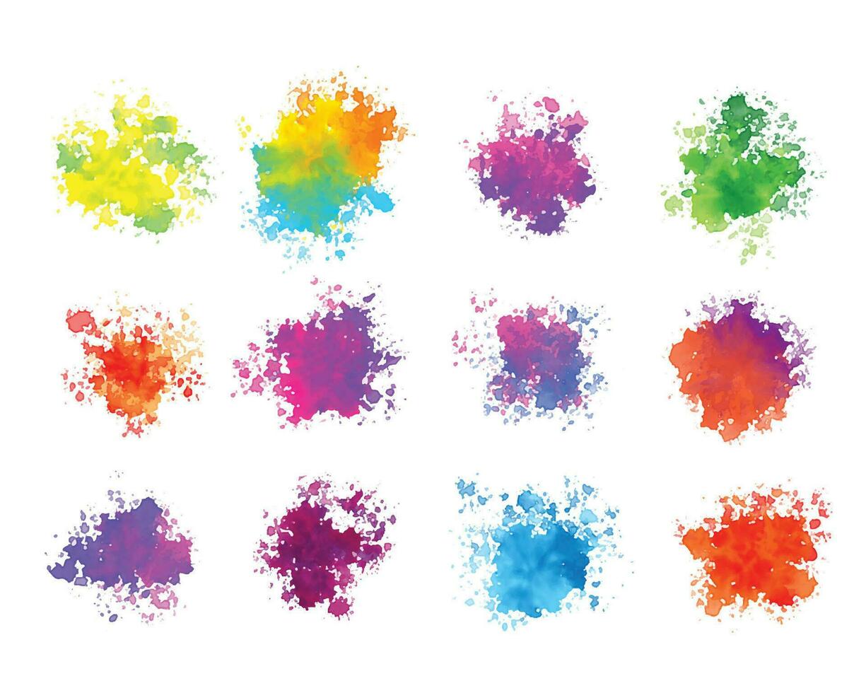 Bright colorful watercolor splash splatter stain brush strokes on white background. Modern vibrant aquarelle spot. Rainbow trendy isolated design on white. Element. Vector watercolor illustration.