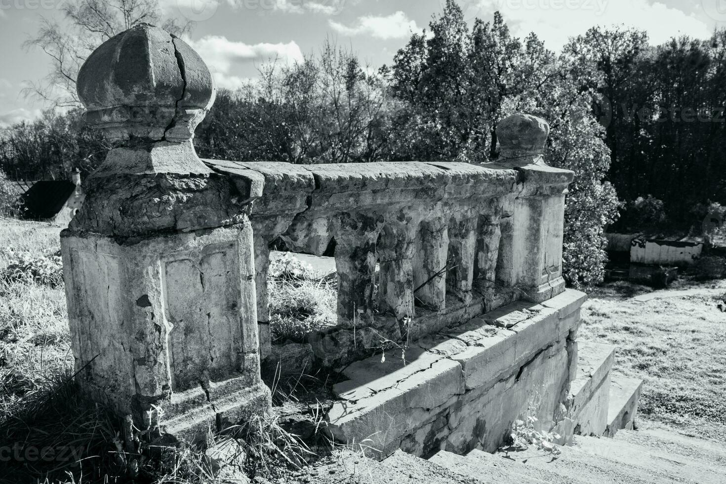 Ancient parapet and staircase concept photo. Castle ruins terrace view. Ruined ancient palace in Ukraine. photo