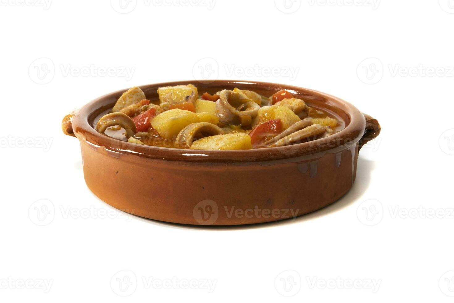 A potato stew with calamari, served in a clay bowl, isolated on a white background. Spanish food concept. photo