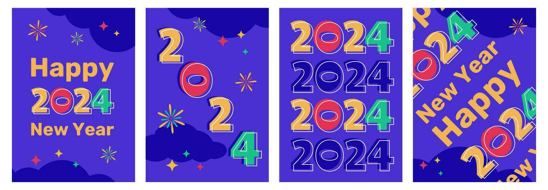 cuatro nuevo 2024 año carteles con texto saludo en un noche cielo antecedentes con estrellas, nubes y fuegos artificiales en un plano estilo. vector ilustración.