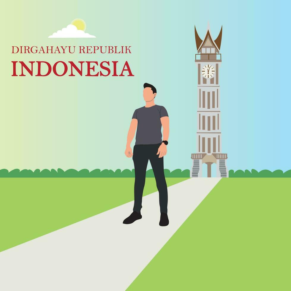 Vector illustration of a man standing in front of Padang Tower.