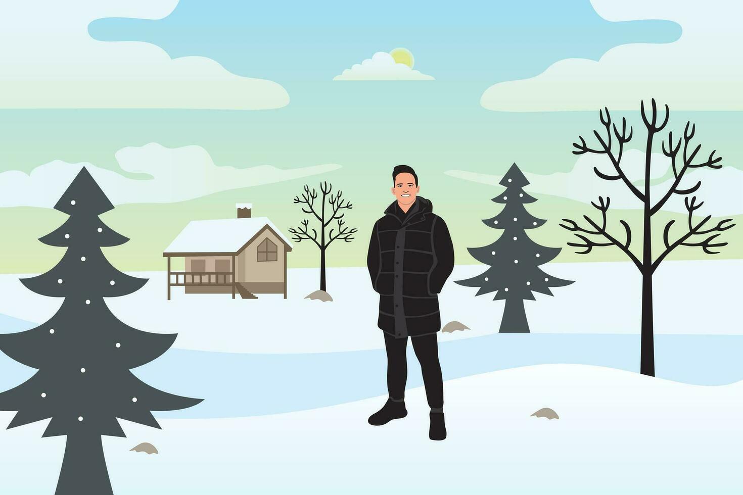 Winter landscape with a man and a house. Vector illustration in flat style.