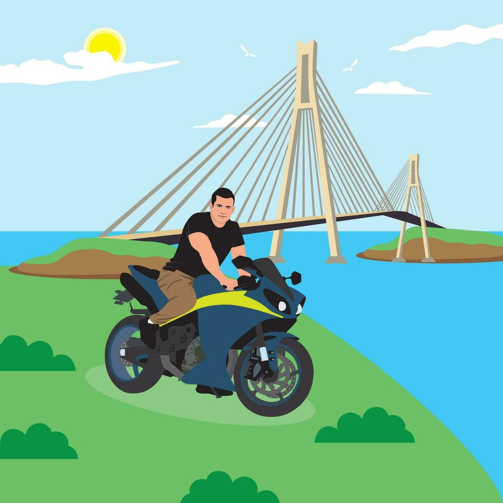 Biker on a motorbike. Vector illustration in flat style.