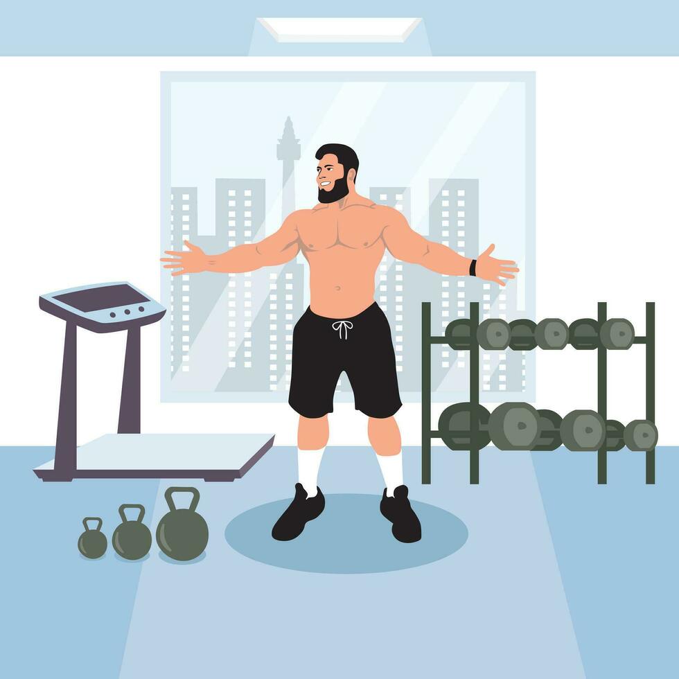 Man doing exercises in the gym. Vector illustration in flat style.