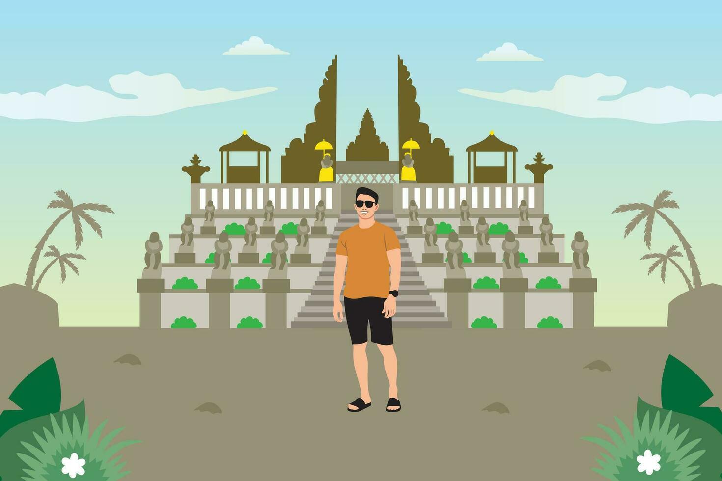 viajero hombre en frente de el templo. vector ilustración en plano estilo