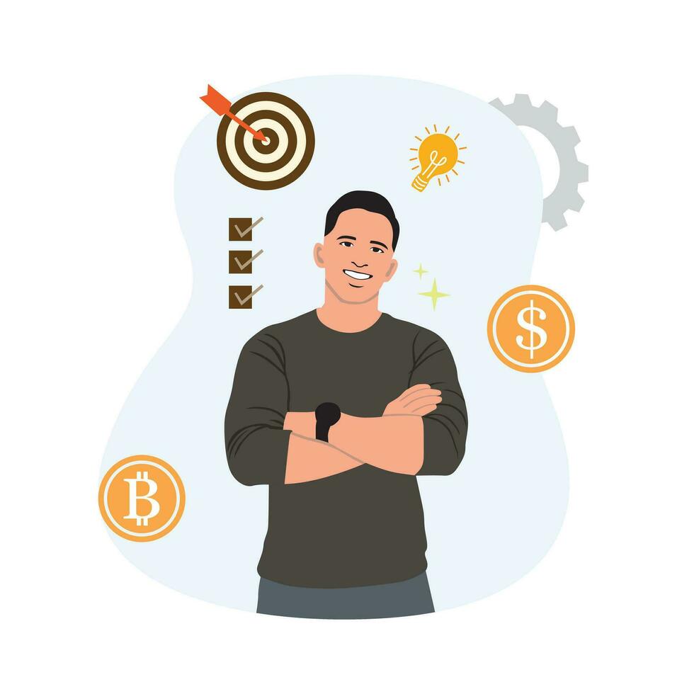 Vector illustration of a man with a dartboard, target and money.