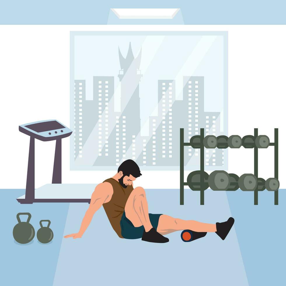 Man doing push-ups at the gym. Vector illustration in flat style