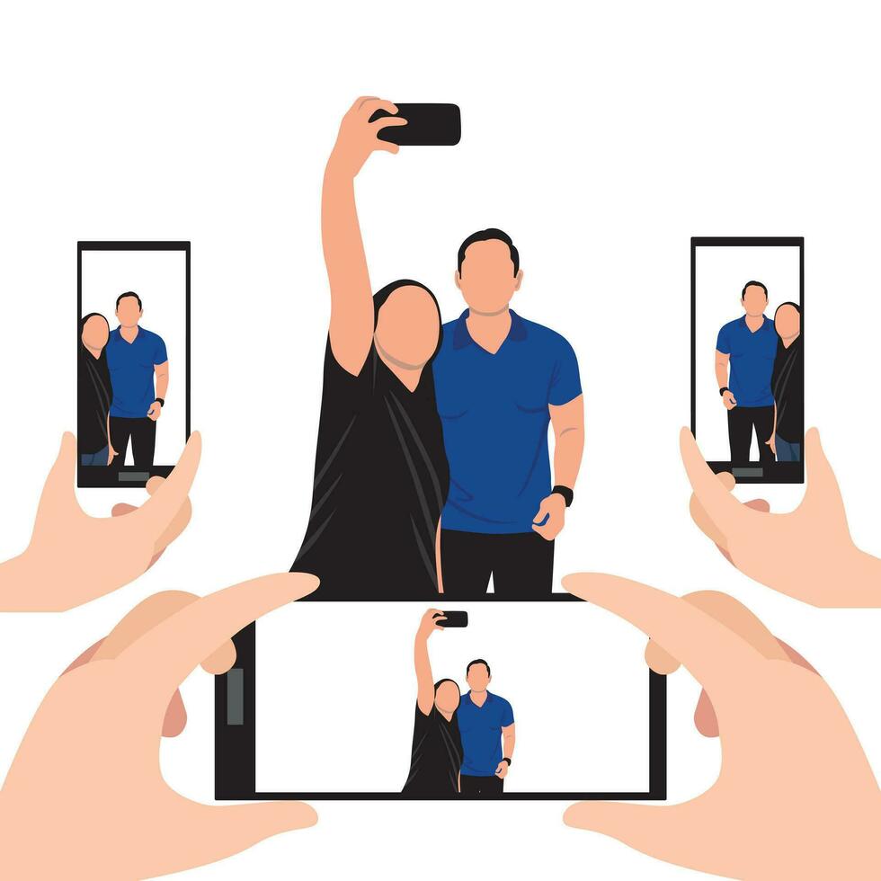 Selfie of a group of people on a smartphone. Vector illustration