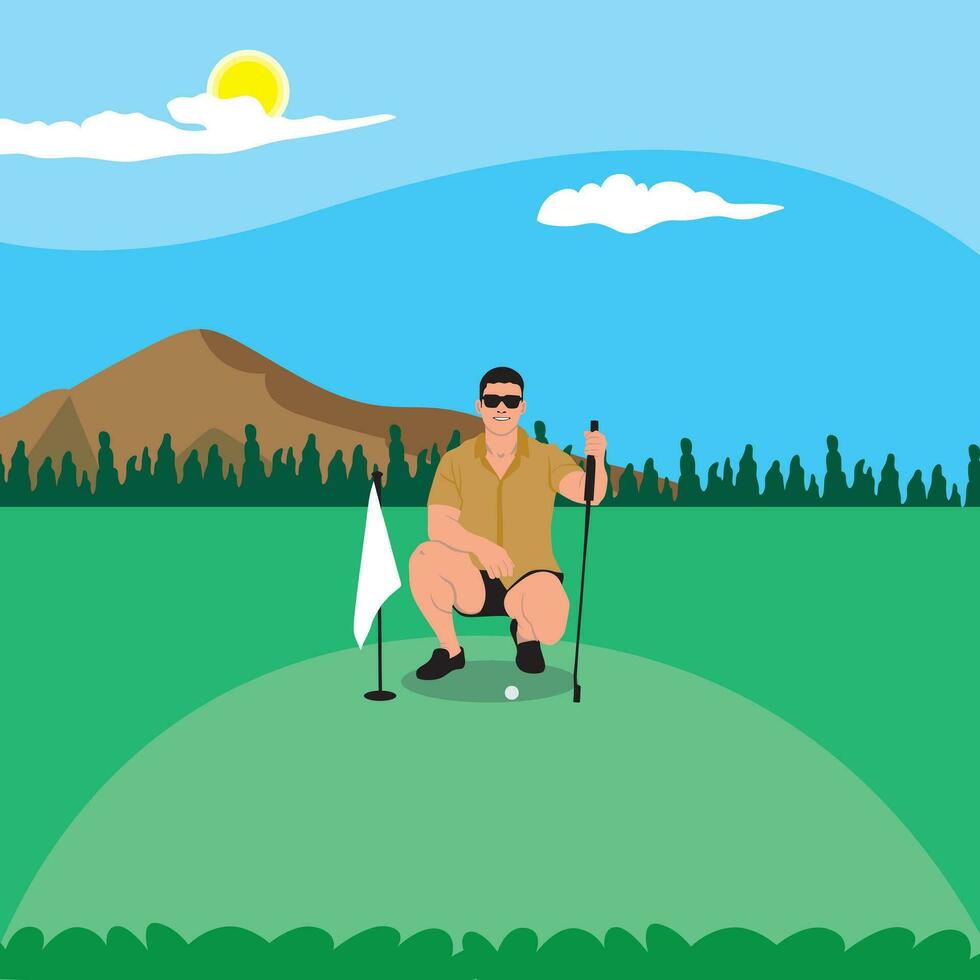 hombre en un golf curso. vector ilustración en plano diseño estilo.