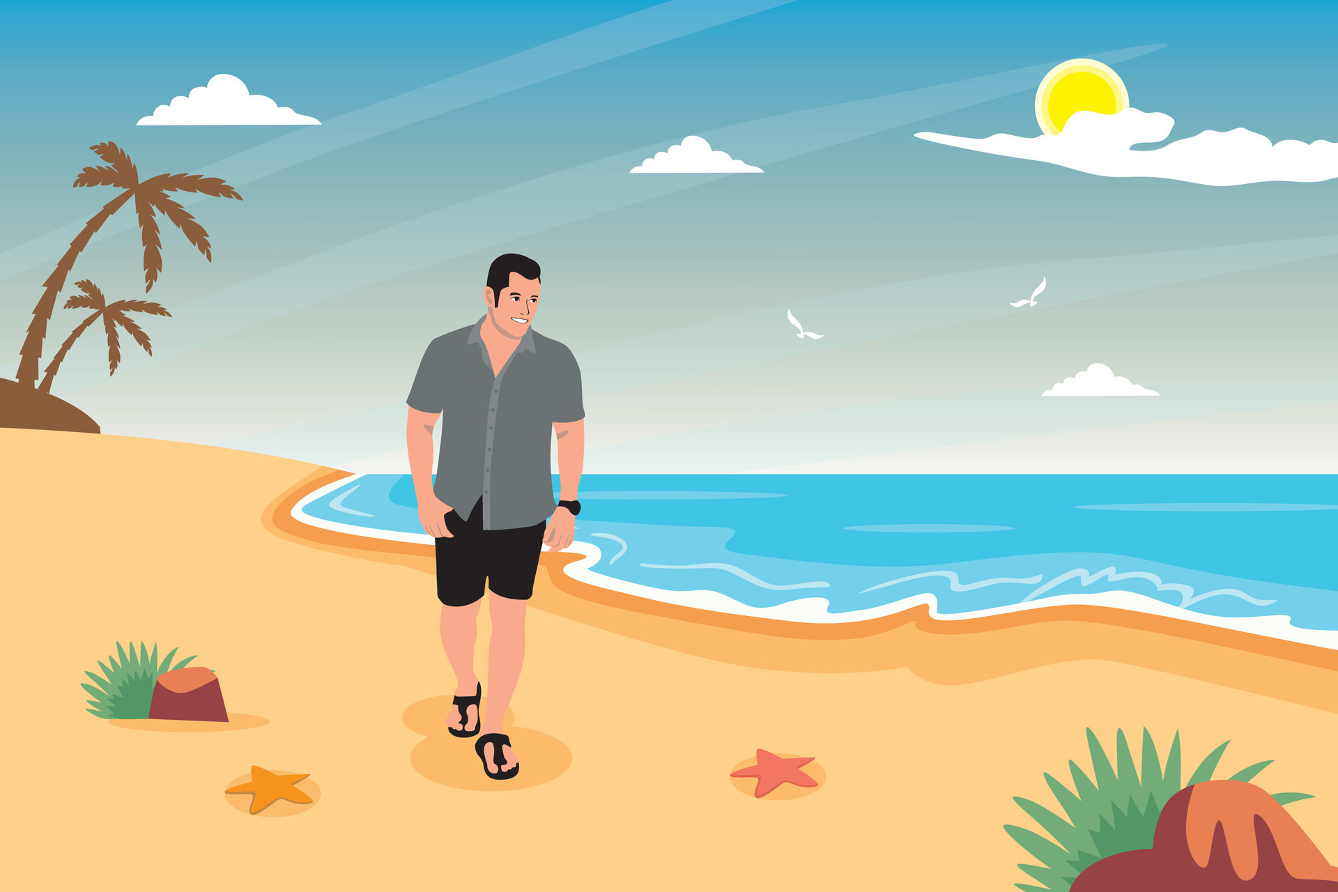 Man walking on the beach. Summertime. Vector illustration in flat style ...