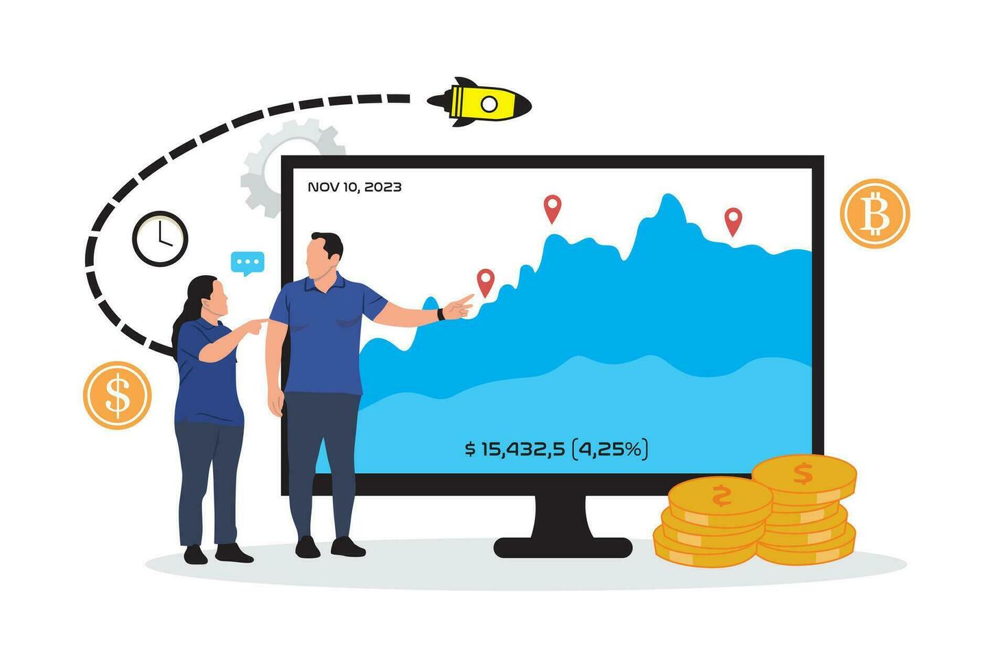 Businessman and businesswoman discuss stock market investment. Vector illustration in flat style